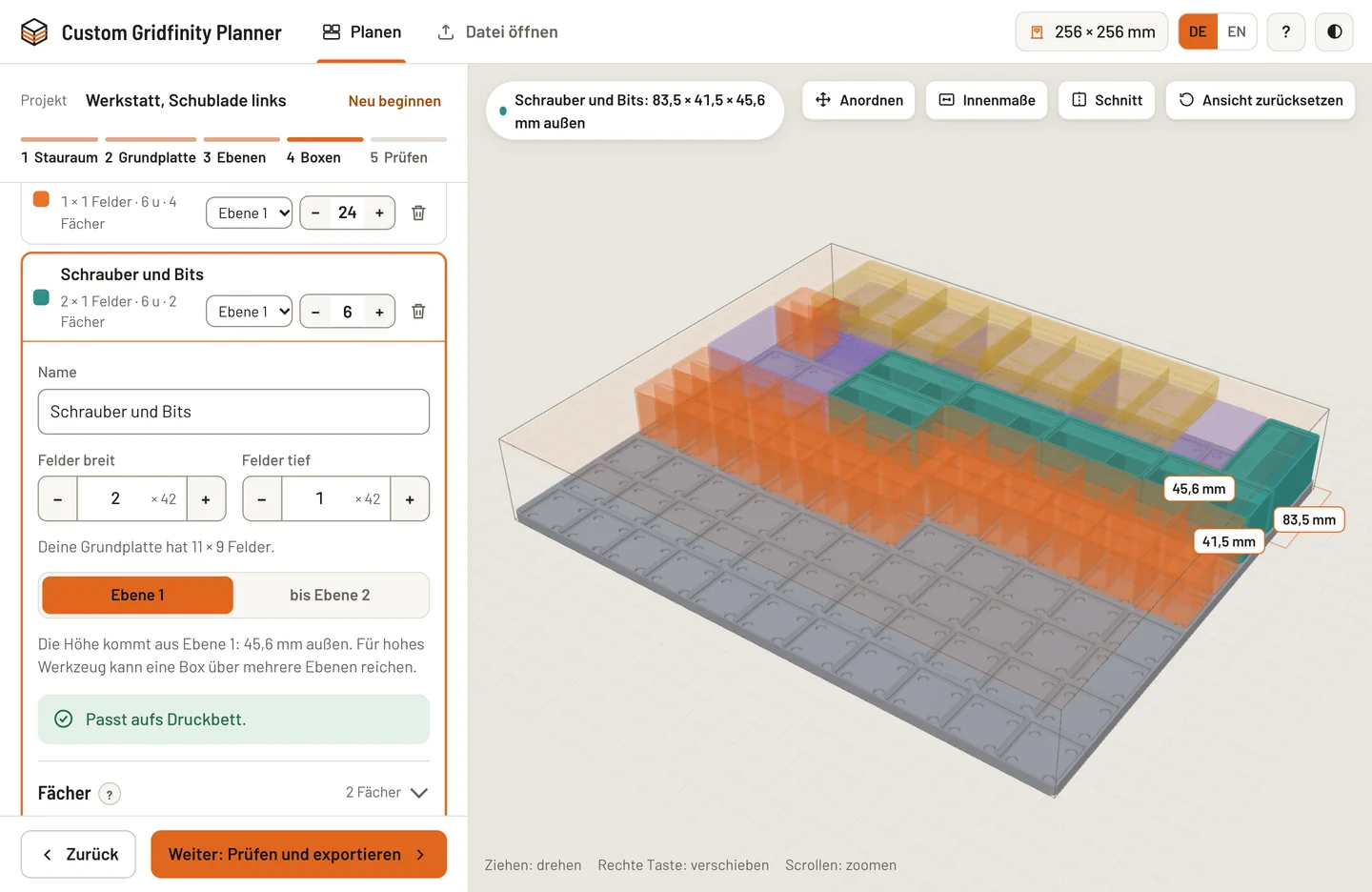 Box-Editor mit Boxen je Ebene, verschiebbaren Fächern und 3D-Ansicht auf der Grundplatte