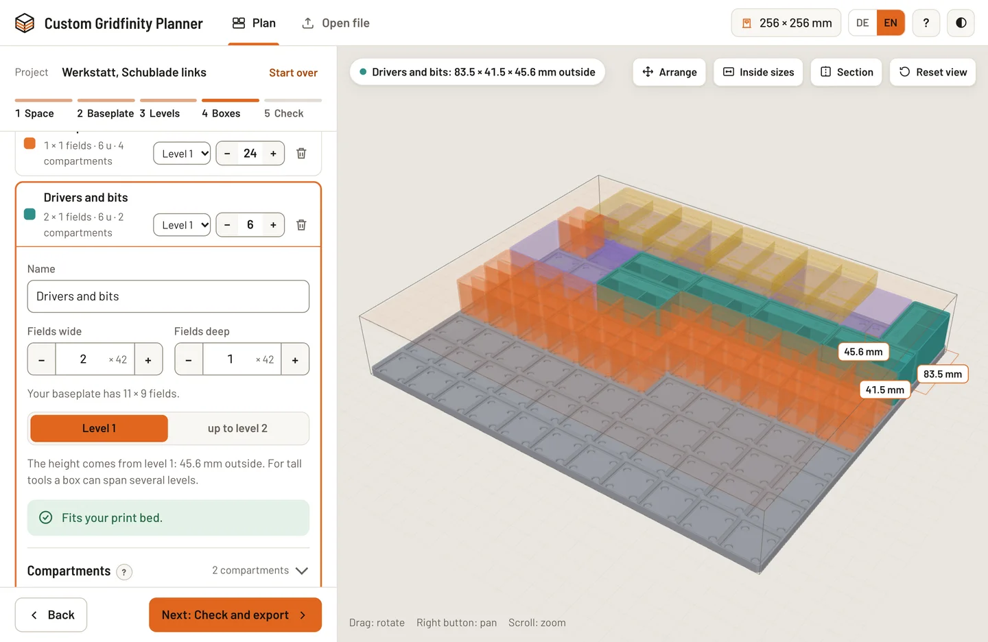 Box editor with boxes per level, movable compartments and a 3D view on the baseplate