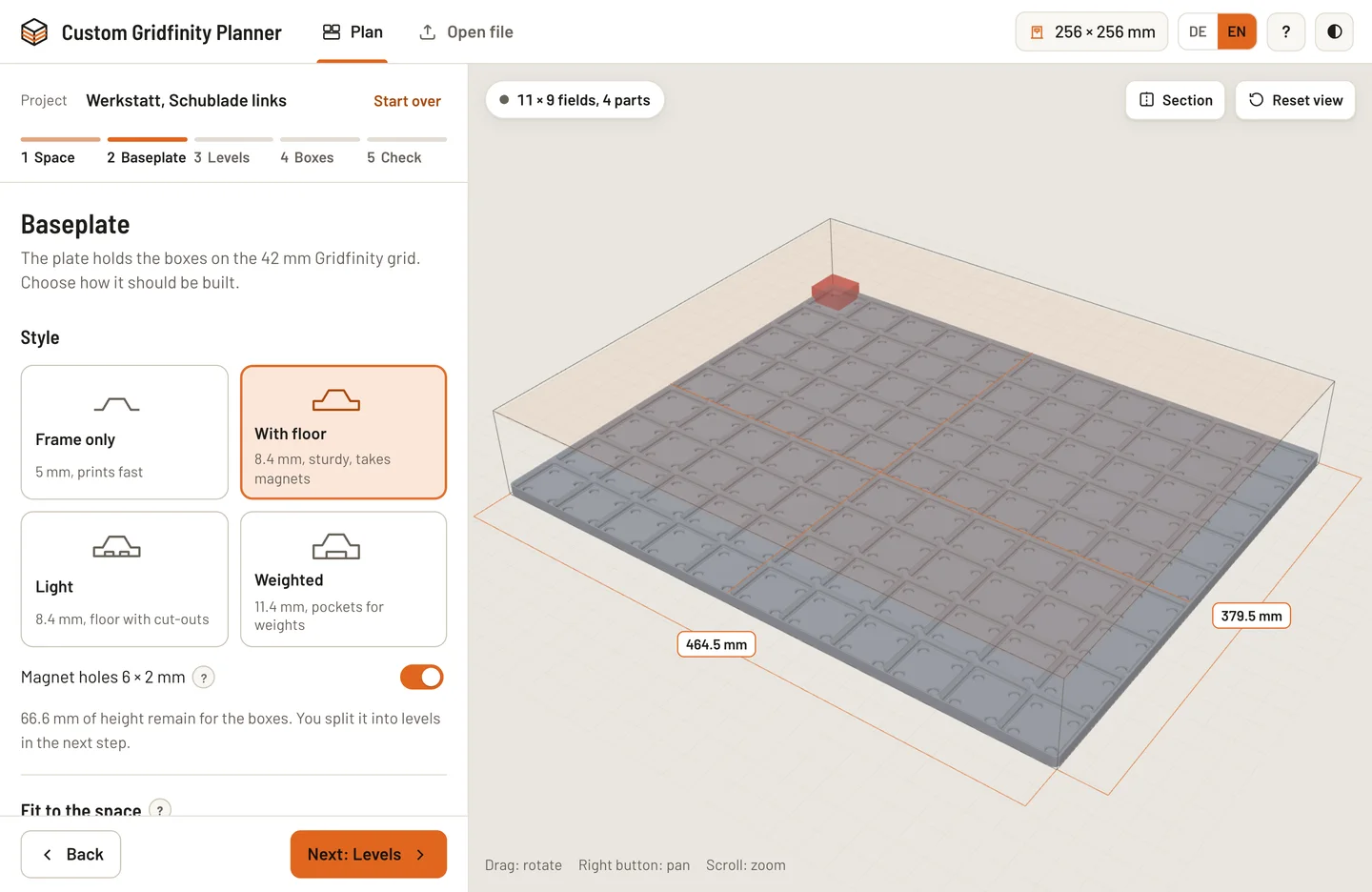 Baseplate step with four styles, grid options and splitting