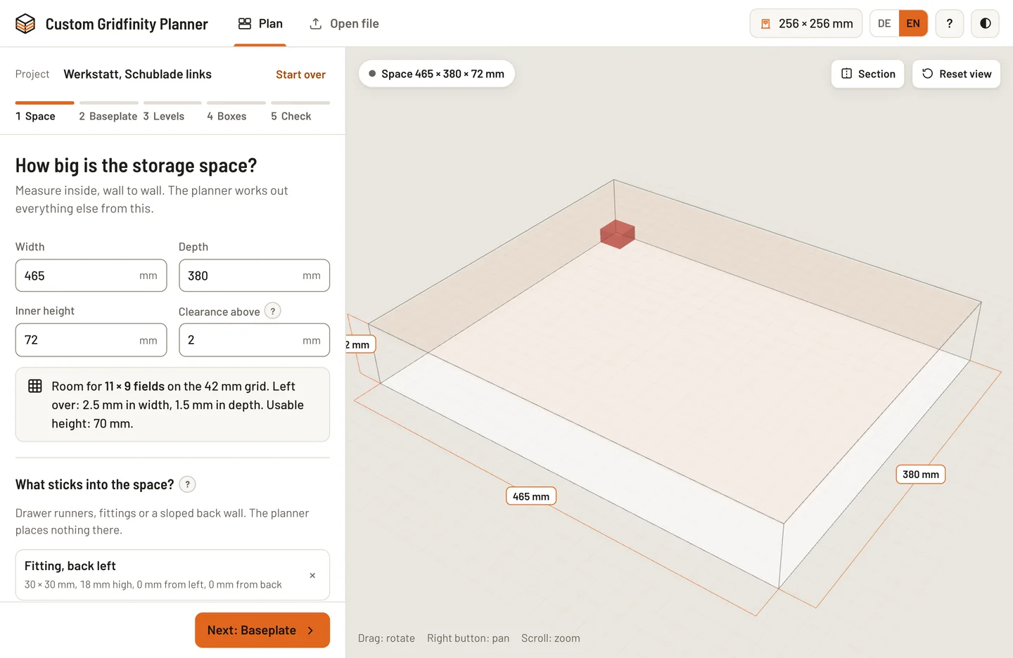 Space step with size fields, an obstacle and a top view